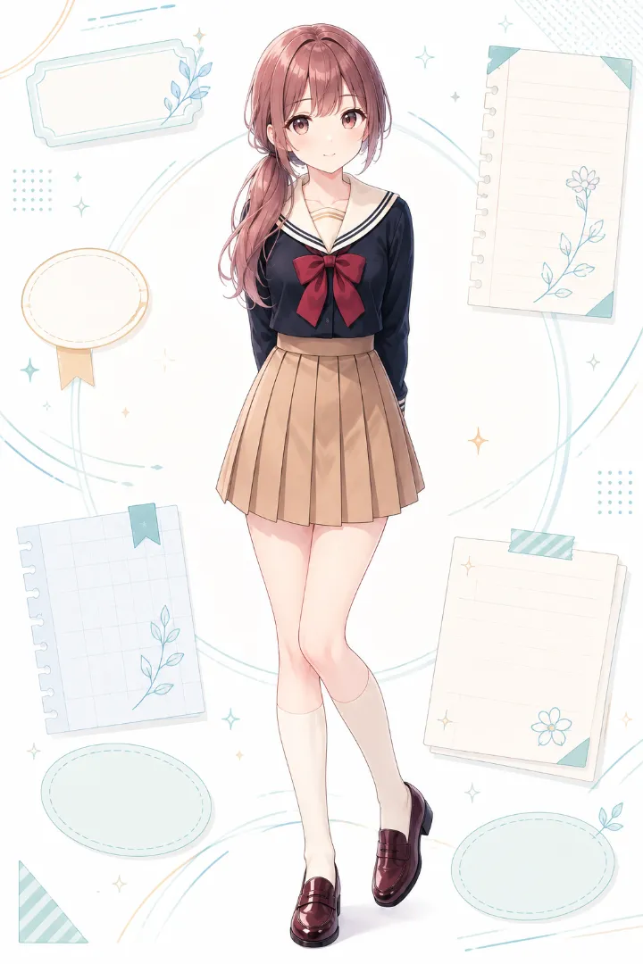 AIイラスト版|紺×アイボリーの長袖セーラー服にベージュのプリーツスカートを合わせたコーデ