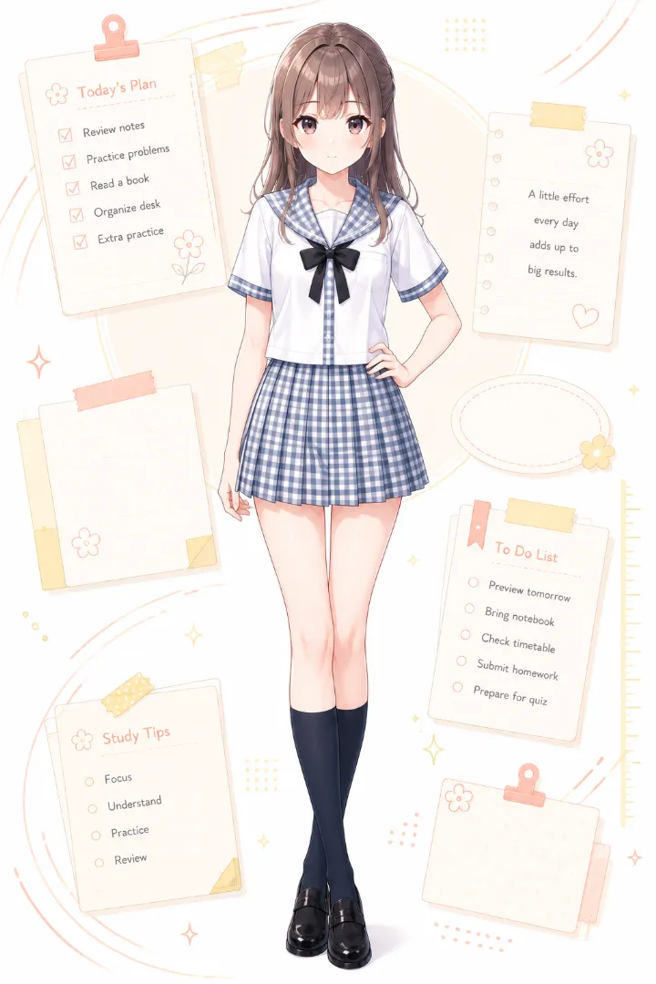 AIイラスト版|白×ブルーグレーのギンガムセーラー服とチェック柄プリーツスカートのコーデ
