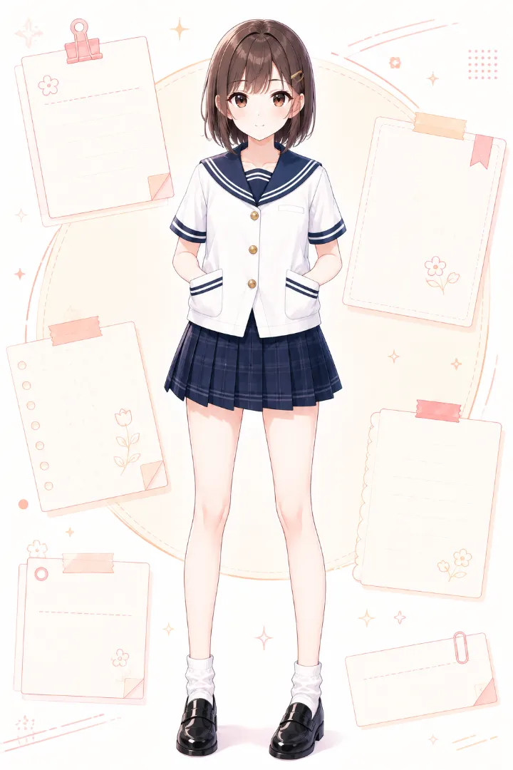 AIイラスト版|白×紺の前開きセーラージャケットに紺のプリーツスカートを合わせたコーデ