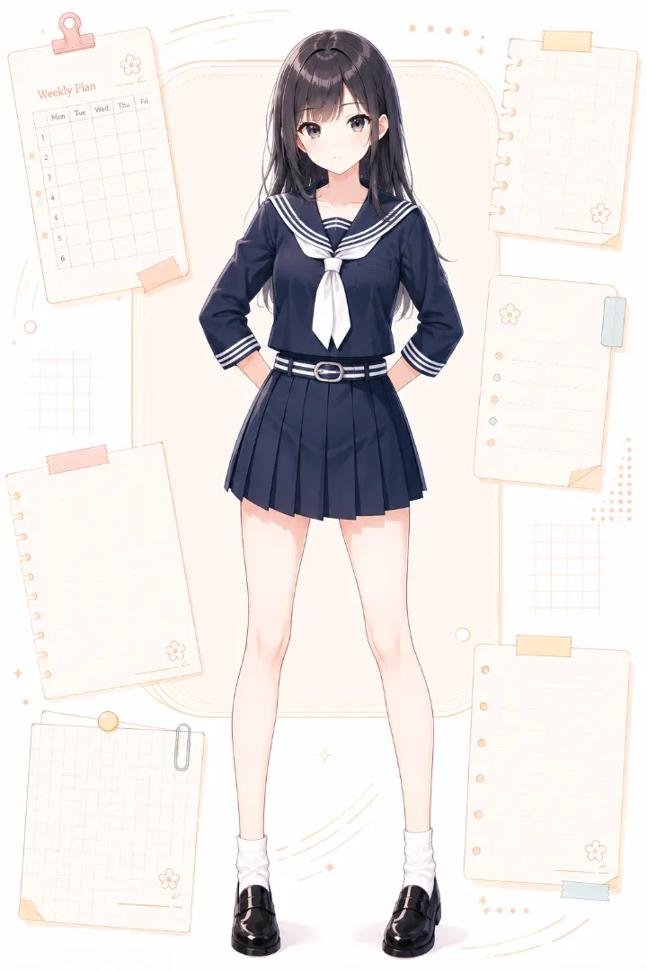 AIイラスト版|紺×白の七分袖セーラー服に紺のプリーツスカートとウエストベルトを合わせたコーデ