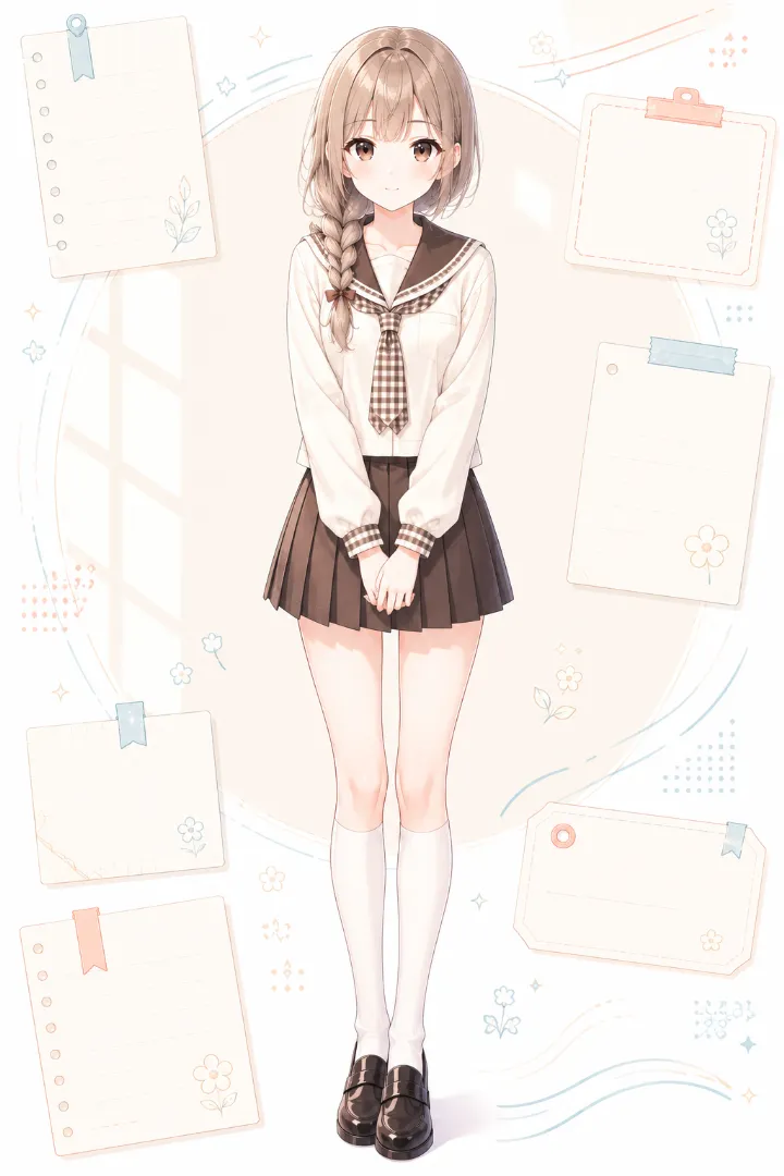 AIイラスト版|アイボリー×ブラウンの長袖セーラー服にブラウンのプリーツスカートを合わせたコーデ