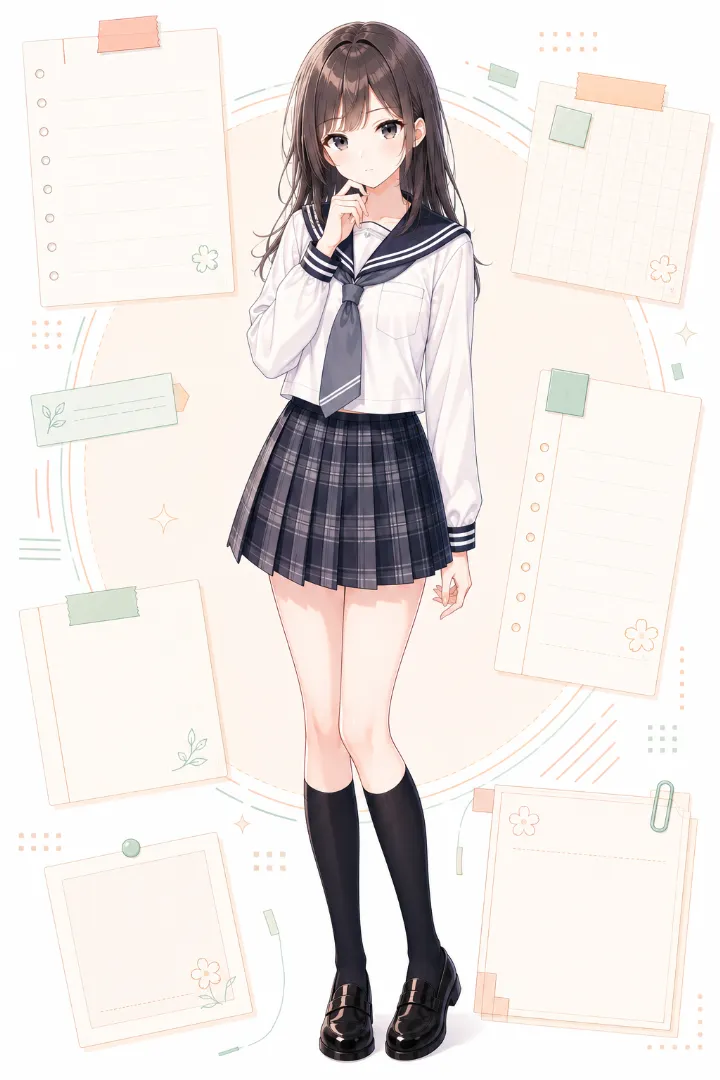 AIイラスト版|白×紺の長袖セーラー服にグレー×紺のチェック柄プリーツスカートを合わせたコーデ