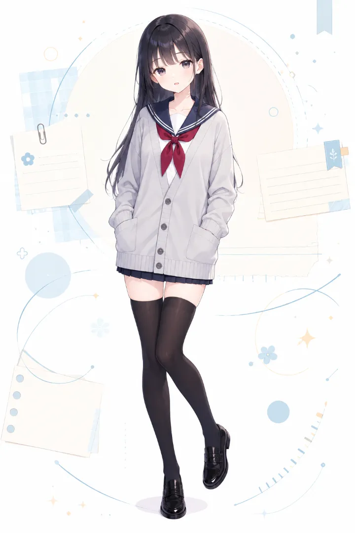 AIイラスト版|白×紺のセーラー服にライトグレーのカーディガンと超ミニプリーツスカートを合わせたコーデ