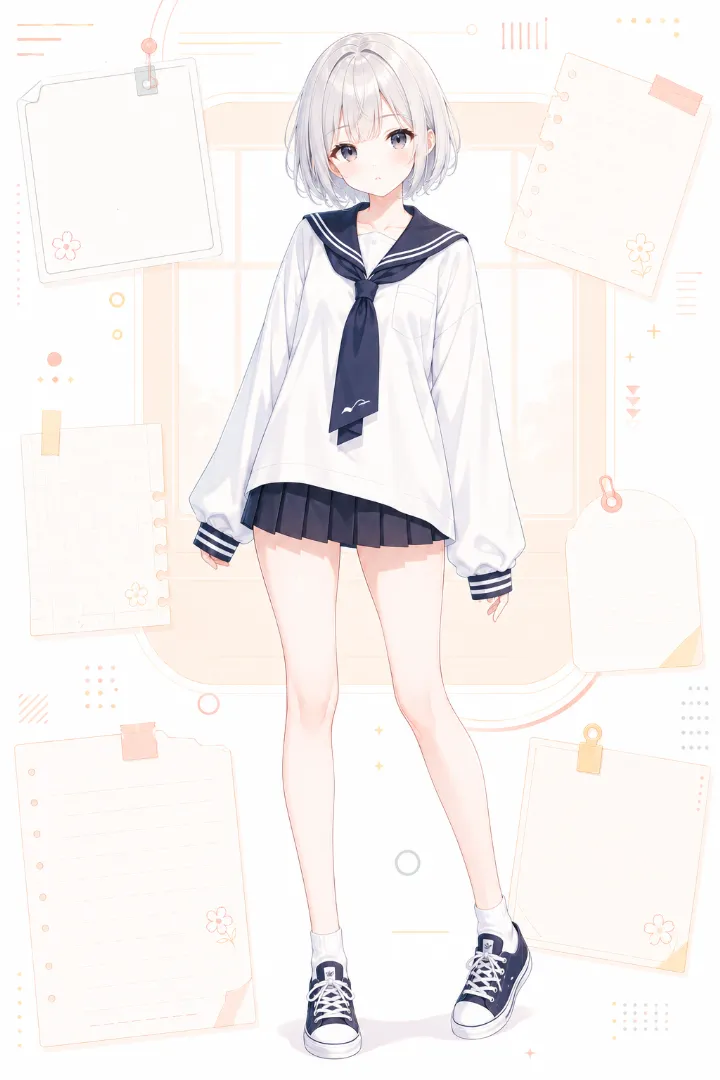AIイラスト版|ゆったりした白×紺の長袖セーラー服に紺の超ミニプリーツスカートを合わせたコーデ