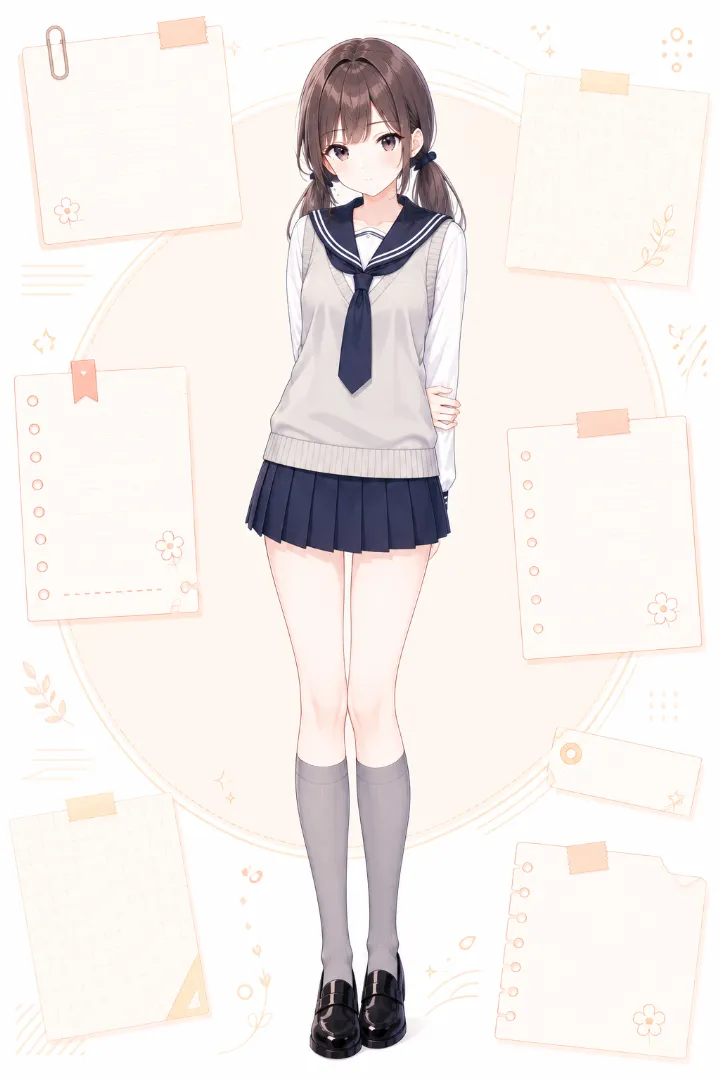 AIイラスト版|白×紺のセーラー服にグレーのニットベストと紺のプリーツスカートを合わせたコーデ