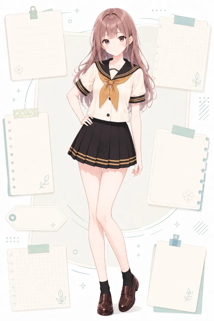 AIイラスト版|アイボリー×黒の半袖セーラー服に黒のプリーツスカートとマスタード色を効かせたコーデ