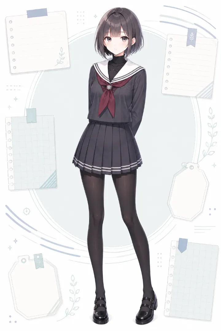 AIイラスト版|黒タートルネックにチャコールのセーラー服とプリーツスカートを重ねたダークコーデ