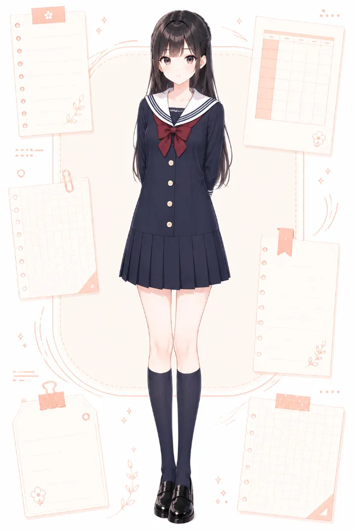 AIイラスト版|紺×アイボリーの長袖セーラーワンピースにプリーツスカートを組み合わせたコーデ