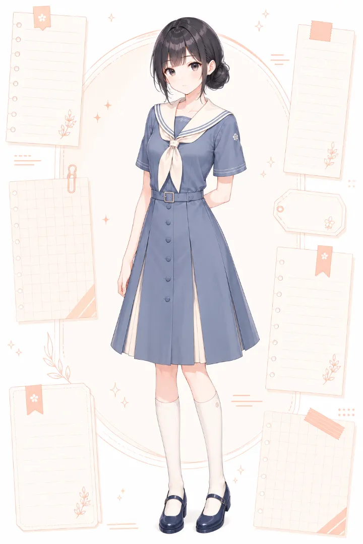 AIイラスト版|くすみブルー×アイボリーのひざ丈セーラーワンピースコーデ