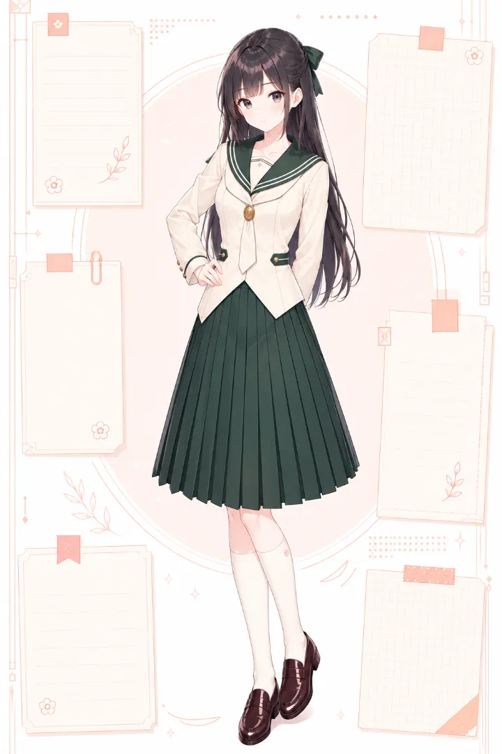 AIイラスト版|アイボリー×深緑のセーラージャケットにひざ丈プリーツスカートを合わせたコーデ