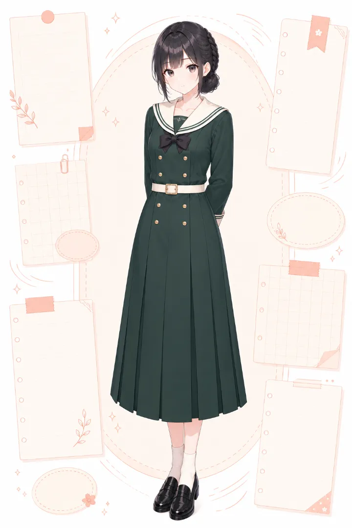 AIイラスト版|深緑×アイボリーの長袖セーラーワンピースとひざ下ボックスプリーツのコーデ