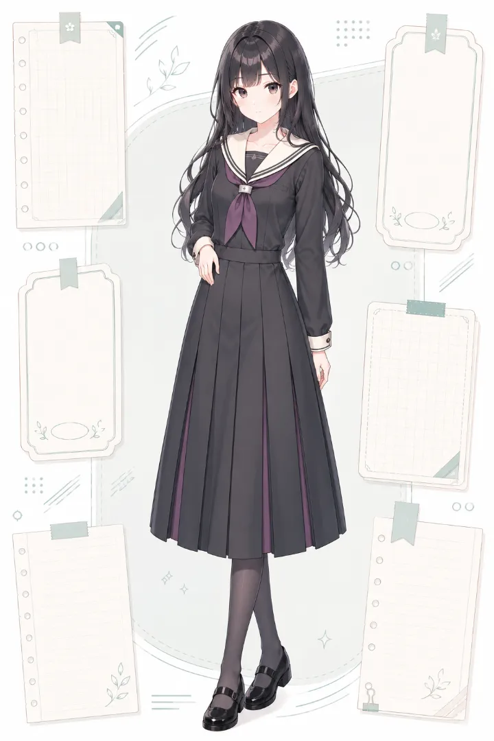 AIイラスト版|チャコール×アイボリーの長袖セーラー服にひざ下プリーツスカートを合わせたコーデ