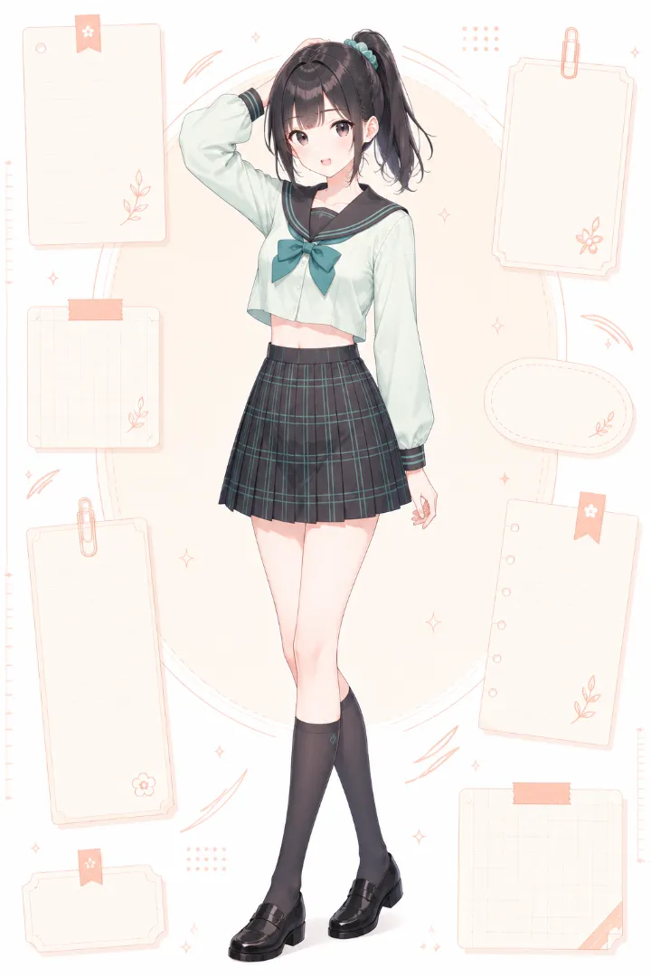AIイラスト版|ミント×チャコールのクロップドセーラー服にチェック柄プリーツスカートを合わせたコーデ
