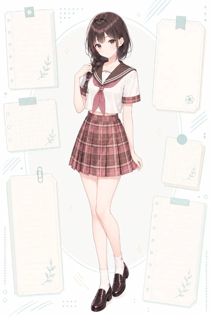 AIイラスト版|白×ブラウンの半袖セーラー服にくすみローズのチェック柄プリーツスカートを合わせたコーデ