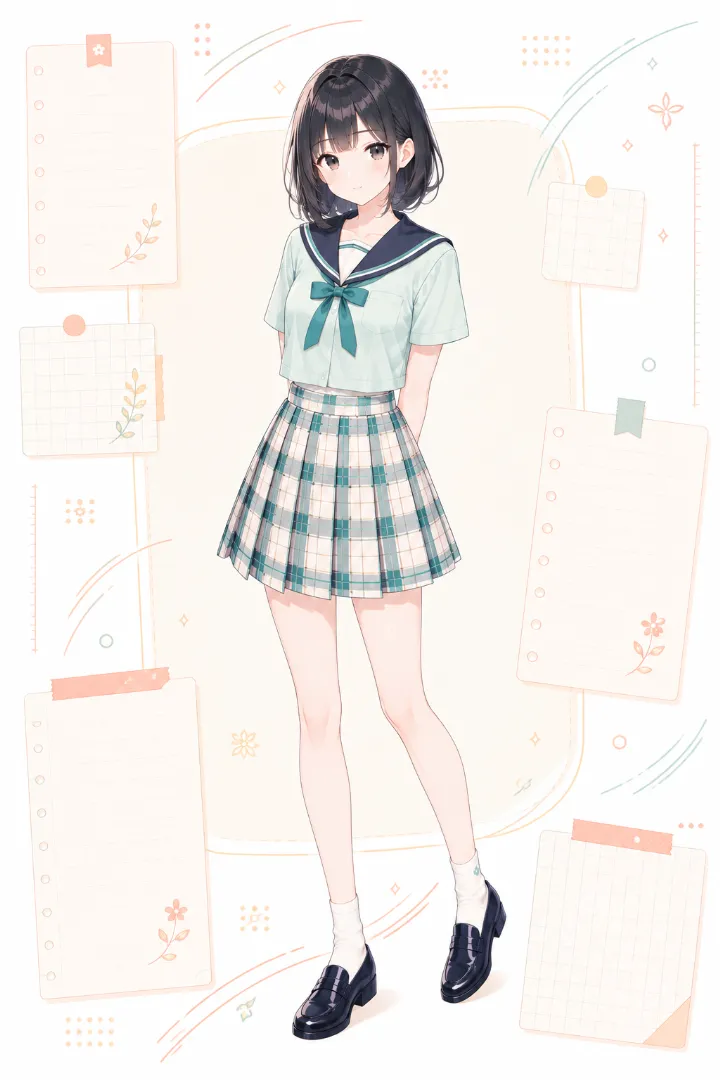 AIイラスト版|ミント×紺の半袖セーラー服にオフホワイトのチェック柄プリーツスカートを合わせたコーデ
