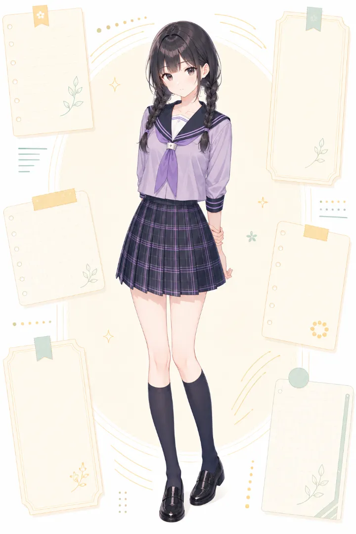 AIイラスト版|ラベンダー×紺の七分袖セーラー服にチェック柄プリーツスカートを合わせたコーデ
