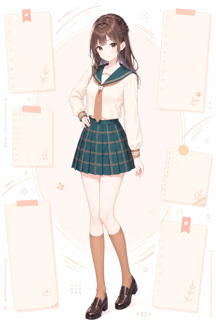 AIイラスト版|アイボリー×深い青緑の長袖セーラー服にチェック柄プリーツスカートを合わせたコーデ
