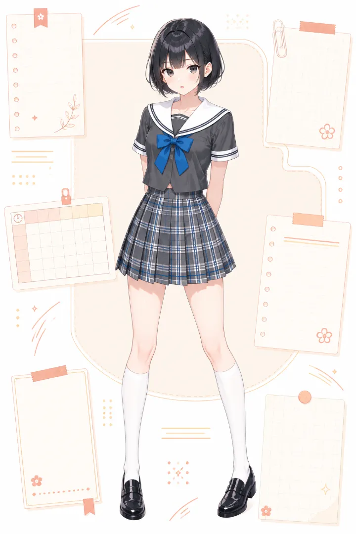 AIイラスト版|チャコール×白の半袖セーラー服にグレーのチェック柄プリーツスカートを合わせたコーデ