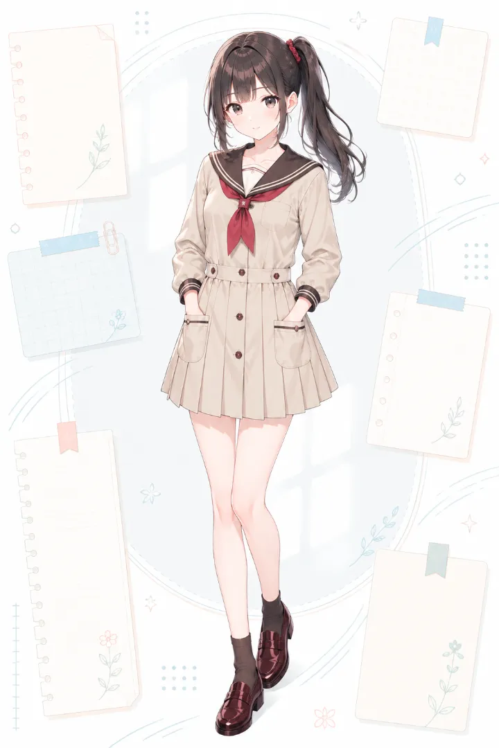 AIイラスト版|ベージュ×ブラウンの前開きセーラーシャツワンピースコーデ