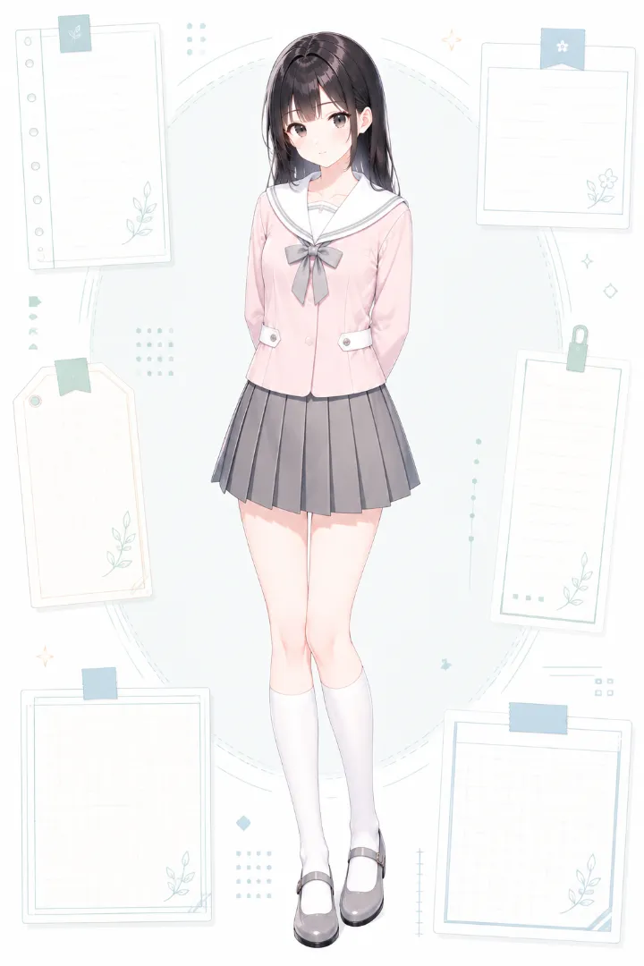 AIイラスト版|淡いピンク×白の長袖セーラー服にグレーのプリーツスカートを合わせたコーデ