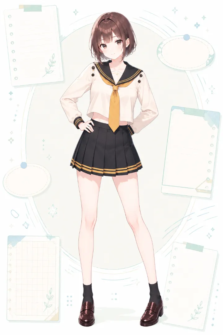 AIイラスト版|クリーム×黒の長袖セーラー服に黒のプリーツスカートとマスタード色を効かせたコーデ