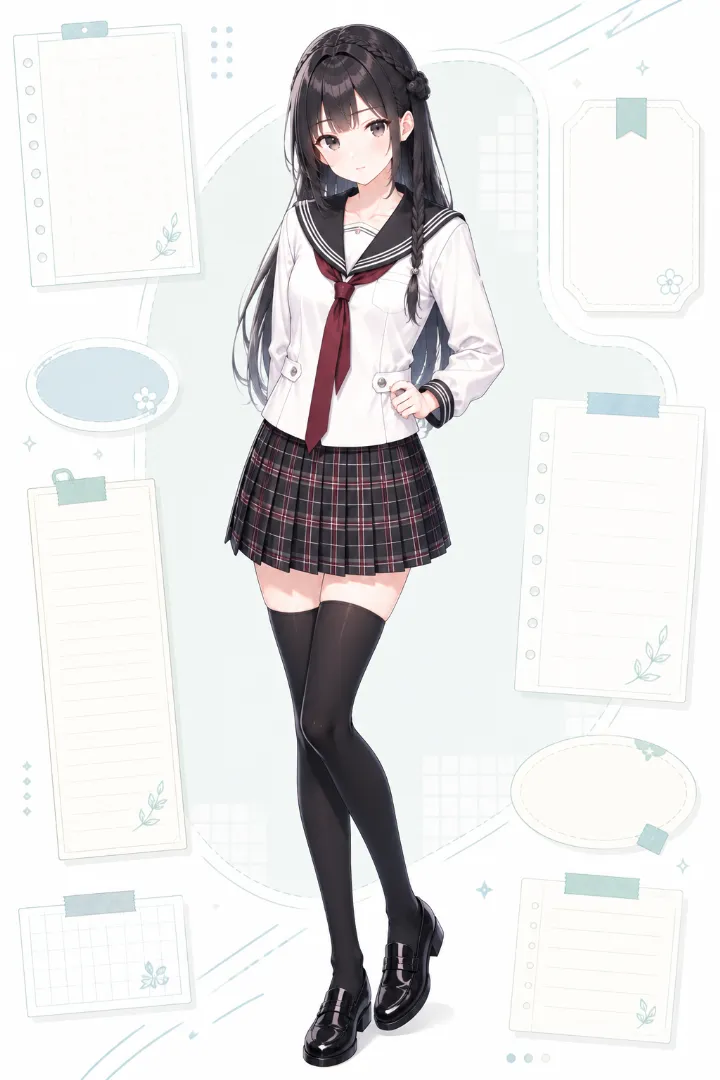 AIイラスト版|白×チャコールのセーラージャケットに赤系チェックのプリーツスカートを合わせたコーデ