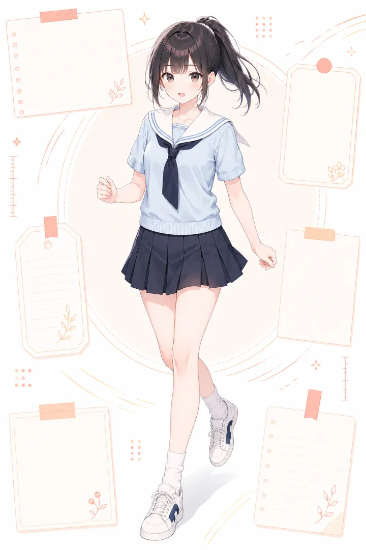 AIイラスト版|パウダーブルー×アイボリーのニットセーラーポロに紺のミニスカートを合わせたコーデ