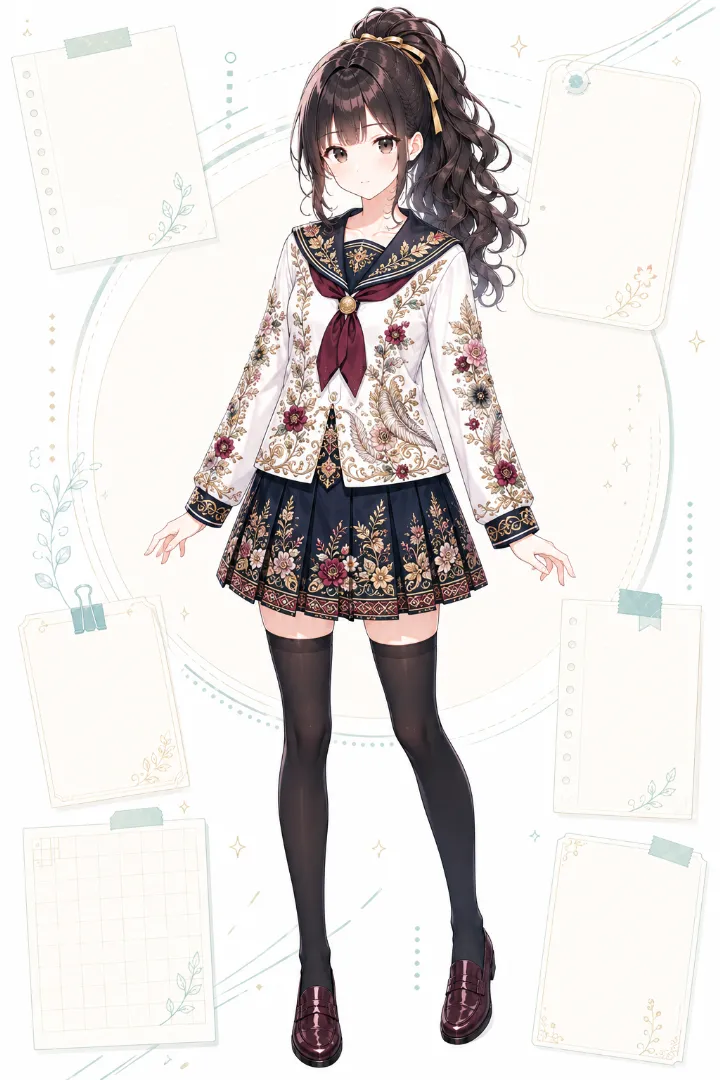AIイラスト版|白×紺の長袖セーラー服とプリーツスカートに華やかな花柄刺しゅうを施したコーデ