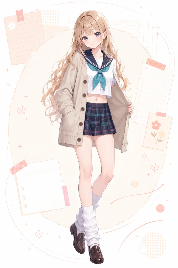 AIイラスト版|白のクロップドセーラー服にベージュのロングカーディガンとチェック柄超ミニスカートを合わせたコーデ