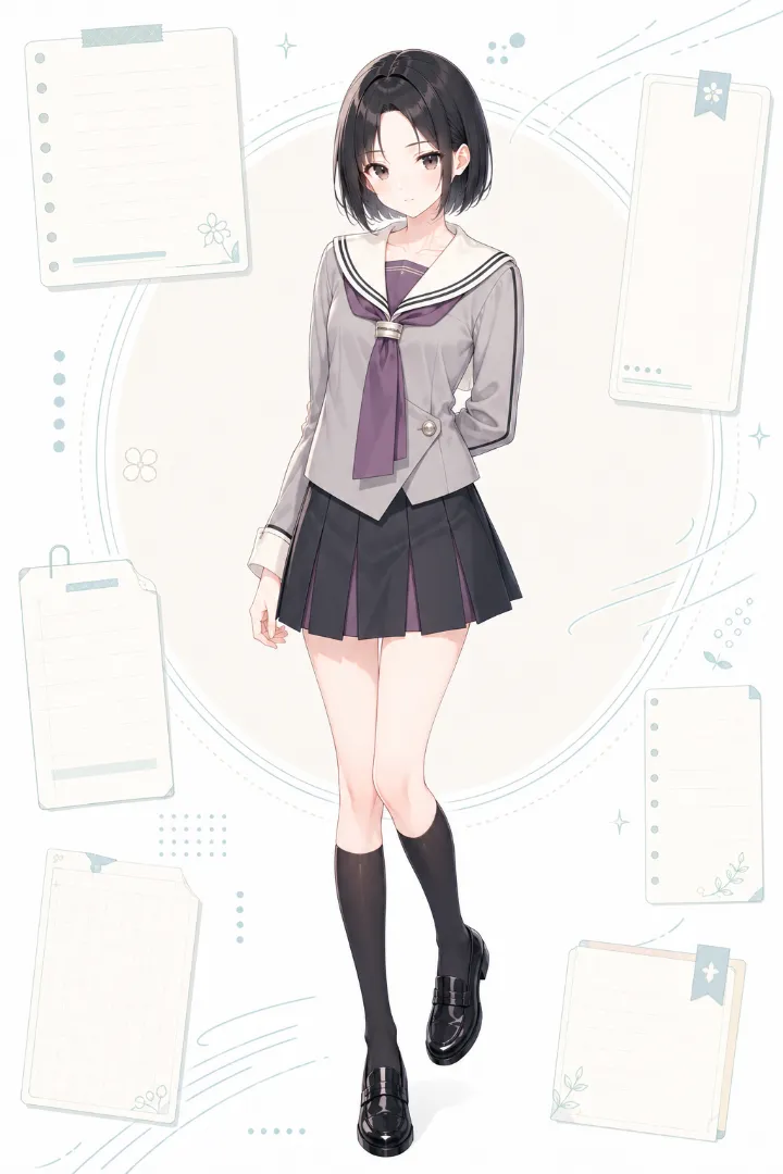 AIイラスト版|グレー×アイボリーの長袖セーラージャケットにチャコールのプリーツスカートを合わせたコーデ