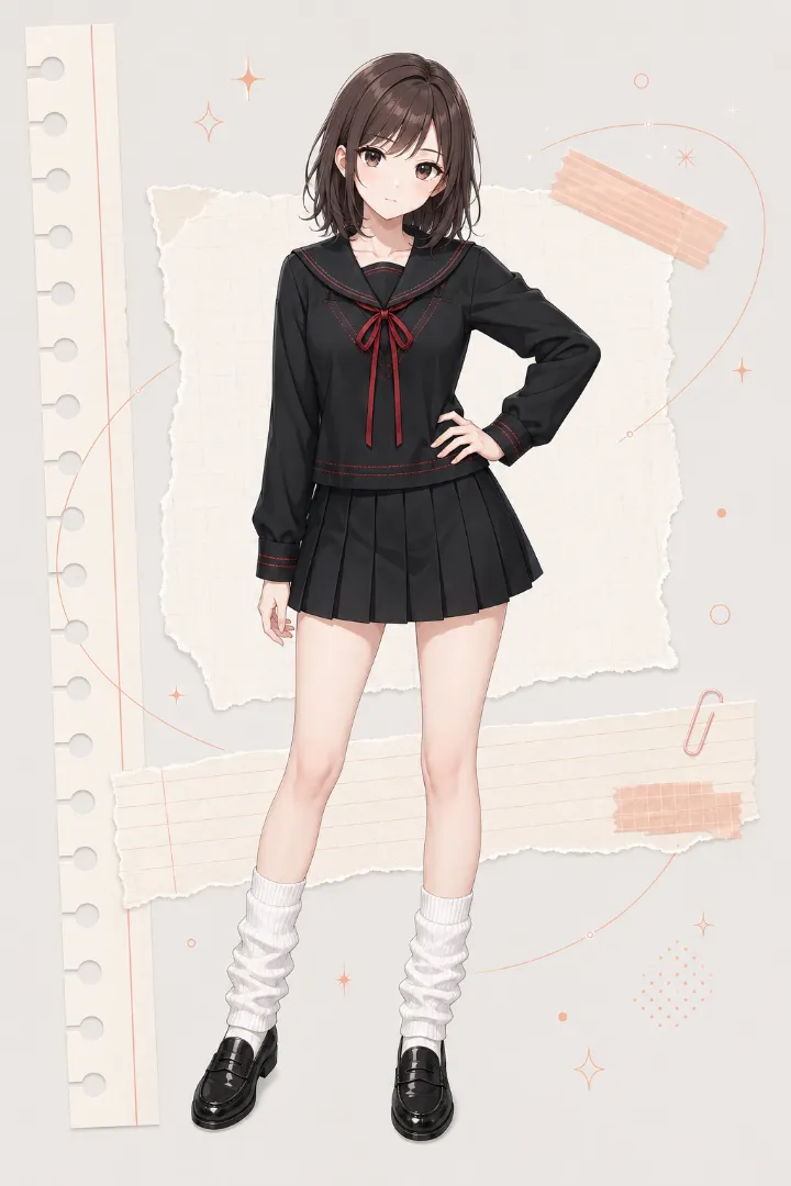 AIイラスト版|黒×ダークレッドの長袖セーラー服に黒のプリーツスカートと白ルーズソックスを合わせたコーデ