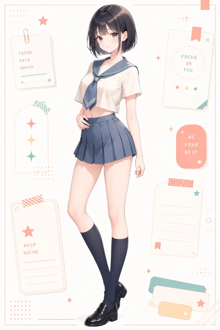 AIイラスト版|アイボリー×ブルーグレーのクロップドセーラー服と超ミニプリーツスカートのコーデ