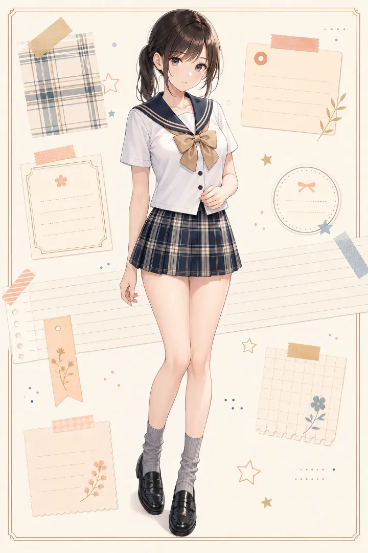 AIイラスト版|白×紺の前開きセーラージャケットにタータンチェックのプリーツスカートを合わせたコーデ