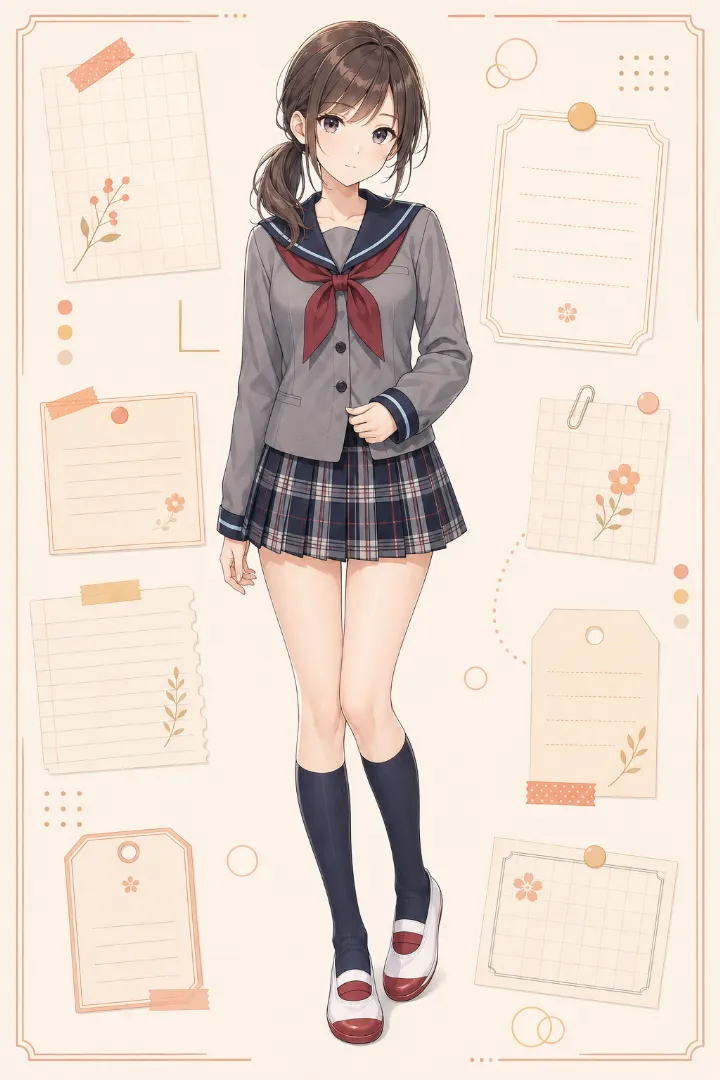 AIイラスト版|グレー×紺の長袖セーラージャケットにタータンチェックのプリーツスカートを合わせたコーデ