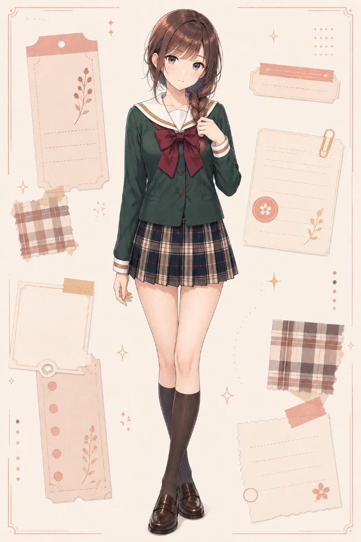 AIイラスト版|深緑×アイボリーの長袖セーラージャケットにブラウン系タータンのプリーツスカートを合わせたコーデ