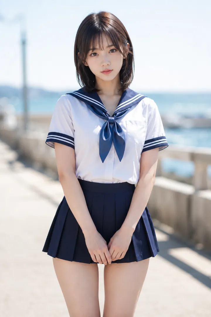 実写AI美女版|白×ブルーの半袖セーラー服に紺のプリーツスカート、白ソックスと黒ローファーのコーデ