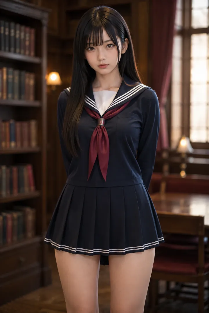 実写AI美女版|紺×白の長袖セーラー服に紺のプリーツスカート、ハイソックスと黒ローファーのコーデ