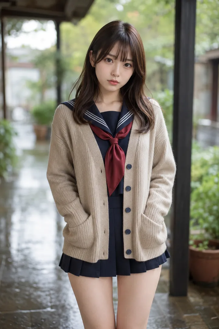 実写AI美女版|紺のセーラー服にベージュのカーディガン、紺のプリーツスカートを合わせたコーデ