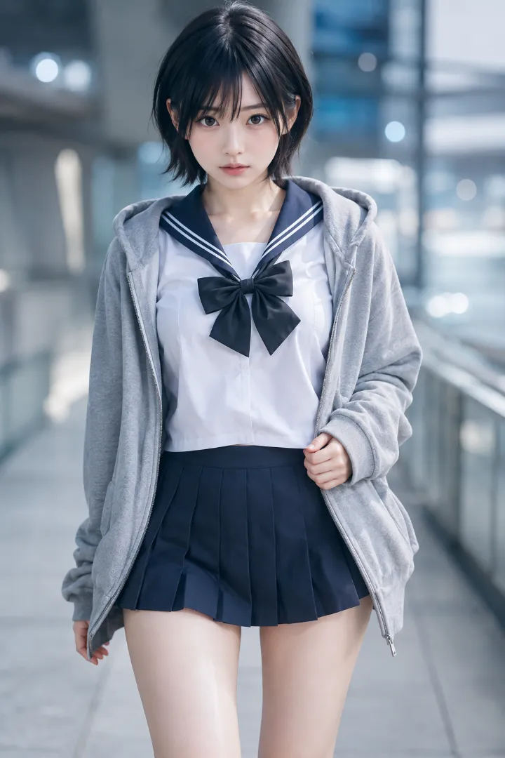 実写AI美女版|白×紺のセーラー服にグレーのジップパーカー、紺のプリーツスカートを合わせたコーデ