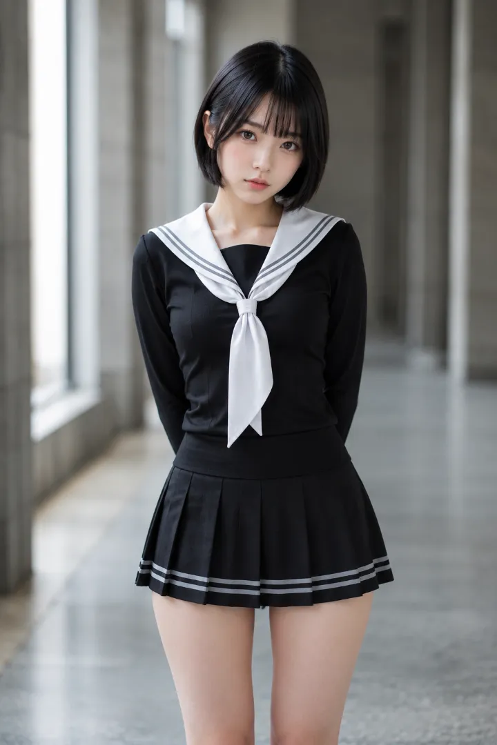 実写AI美女版|黒×白の長袖セーラー服に黒のプリーツスカート、黒タイツとメリージェーンのコーデ