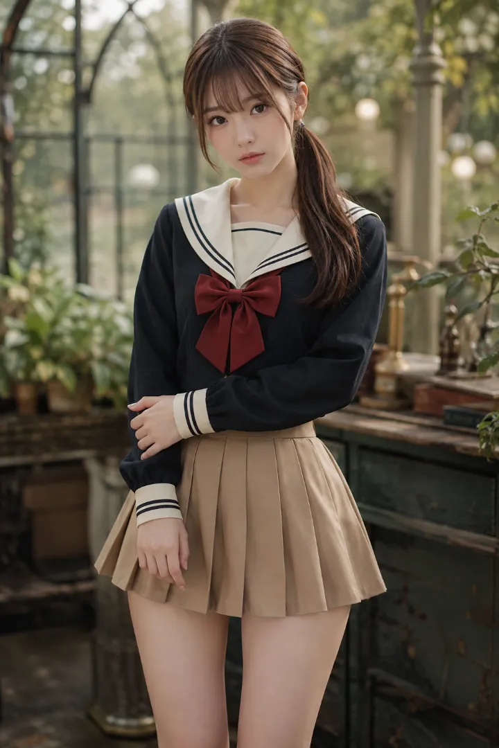 実写AI美女版|紺×アイボリーの長袖セーラー服にベージュのプリーツスカートを合わせたコーデ