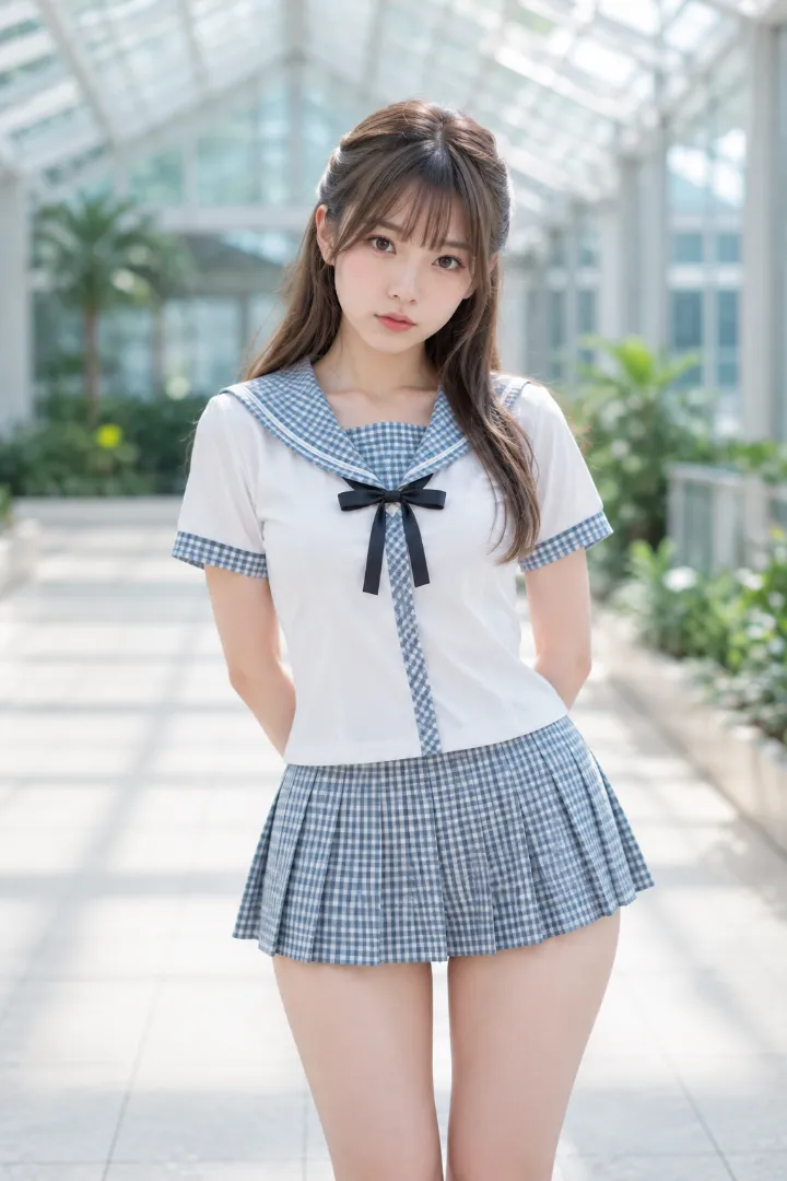 実写AI美女版|白×ブルーグレーのギンガムセーラー服とチェック柄プリーツスカートのコーデ