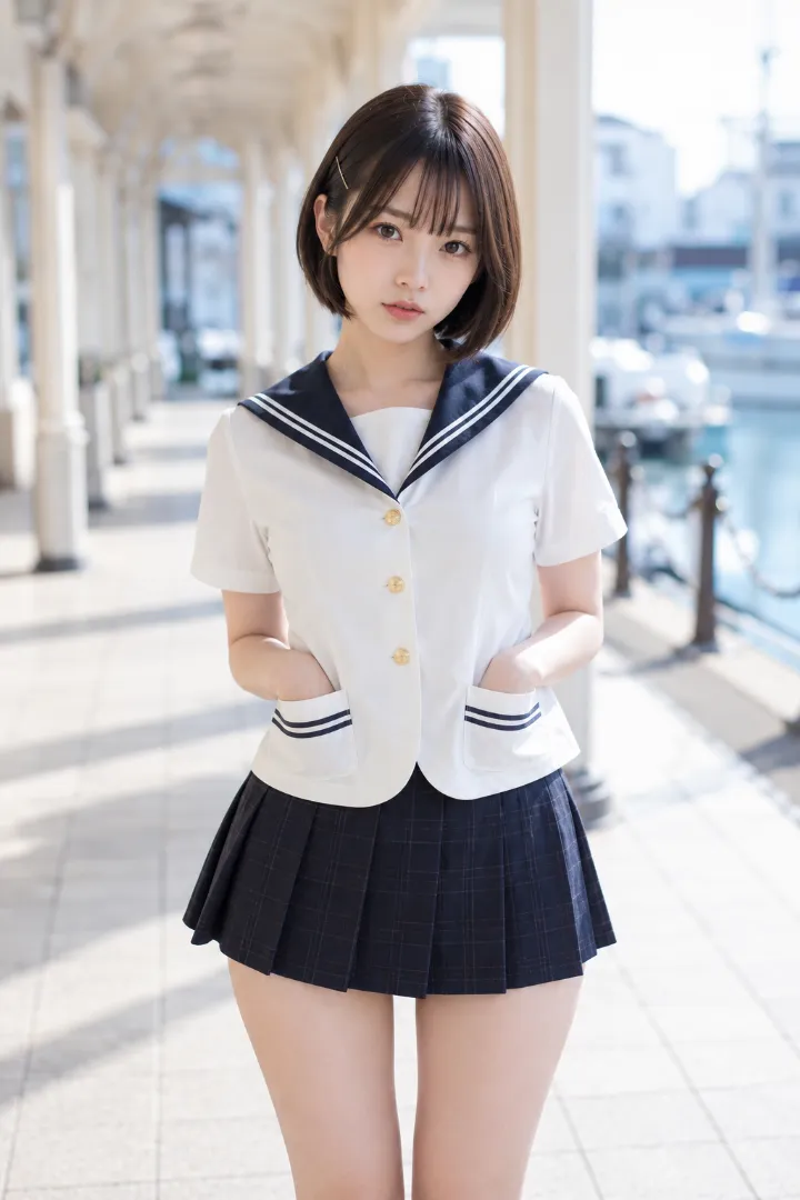実写AI美女版|白×紺の前開きセーラージャケットに紺のプリーツスカートを合わせたコーデ
