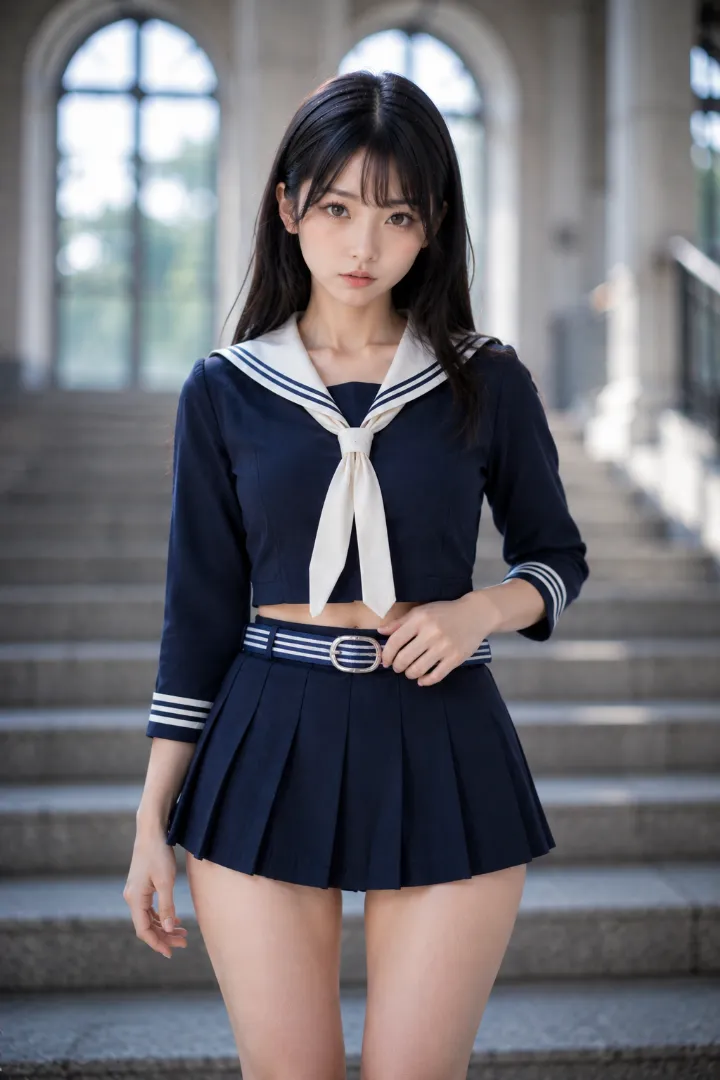 実写AI美女版|紺×白の七分袖セーラー服に紺のプリーツスカートとウエストベルトを合わせたコーデ