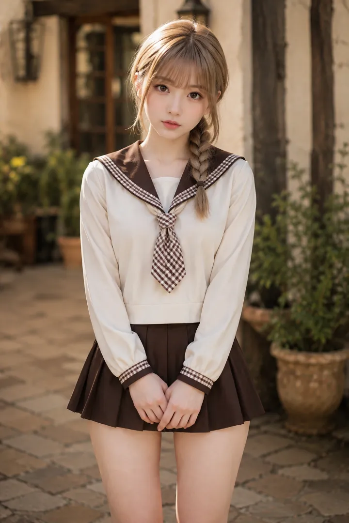 実写AI美女版|アイボリー×ブラウンの長袖セーラー服にブラウンのプリーツスカートを合わせたコーデ