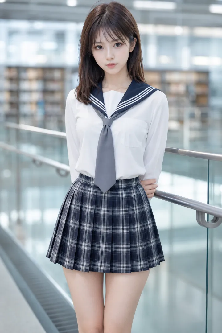 実写AI美女版|白×紺の長袖セーラー服にグレー×紺のチェック柄プリーツスカートを合わせたコーデ