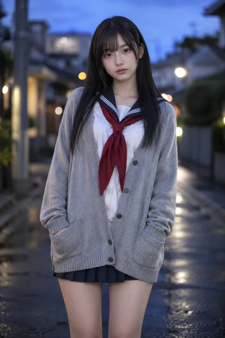 実写AI美女版|白×紺のセーラー服にライトグレーのカーディガンと超ミニプリーツスカートを合わせたコーデ