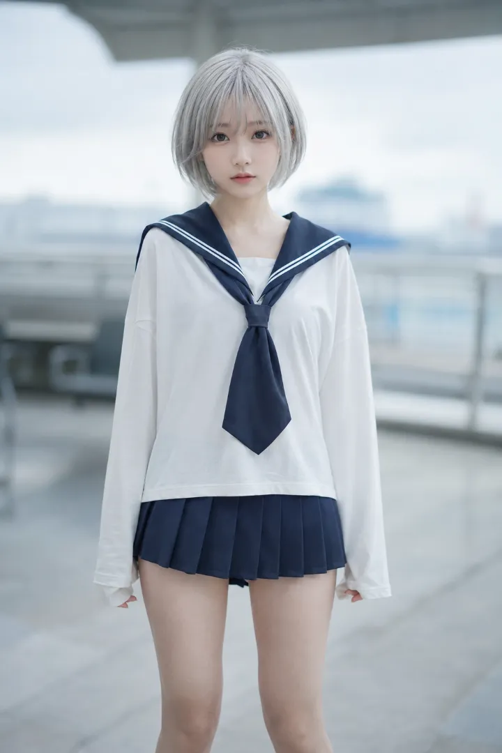 実写AI美女版|ゆったりした白×紺の長袖セーラー服に紺の超ミニプリーツスカートを合わせたコーデ