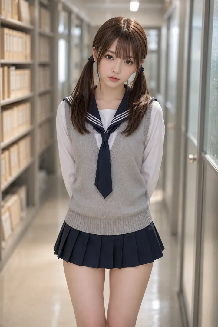 実写AI美女版|白×紺のセーラー服にグレーのニットベストと紺のプリーツスカートを合わせたコーデ