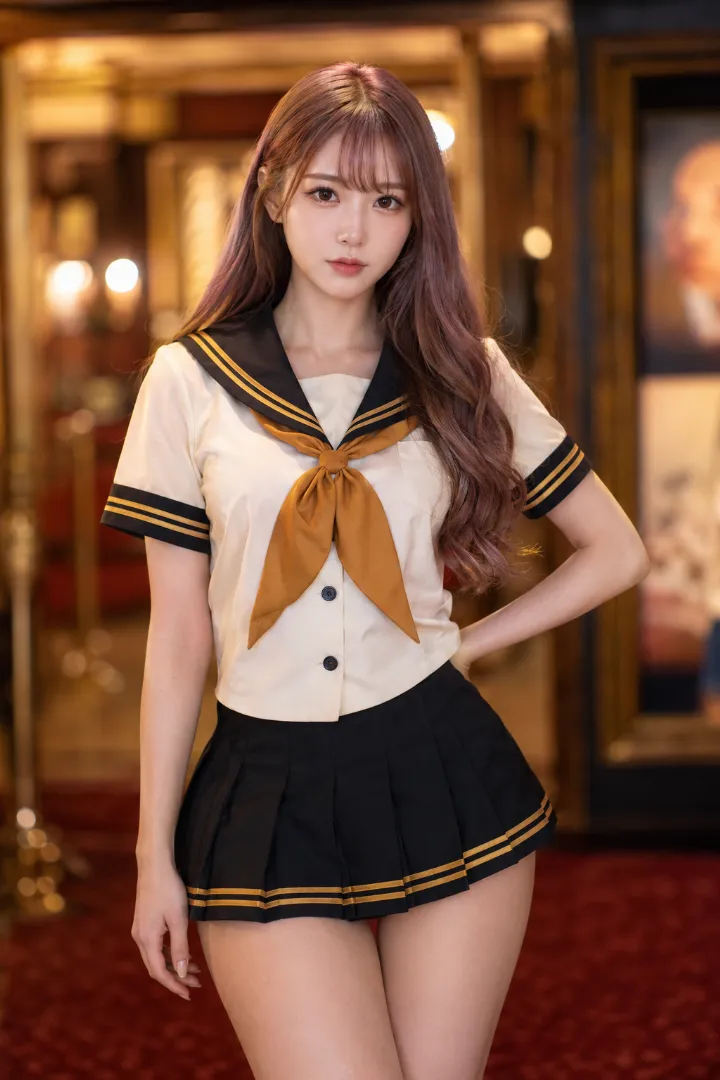 実写AI美女版|アイボリー×黒の半袖セーラー服に黒のプリーツスカートとマスタード色を効かせたコーデ